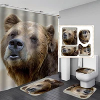 brown bear polyester fabric shower curtain non slip bath mat toilet lid cover rugs home bathroom decor set