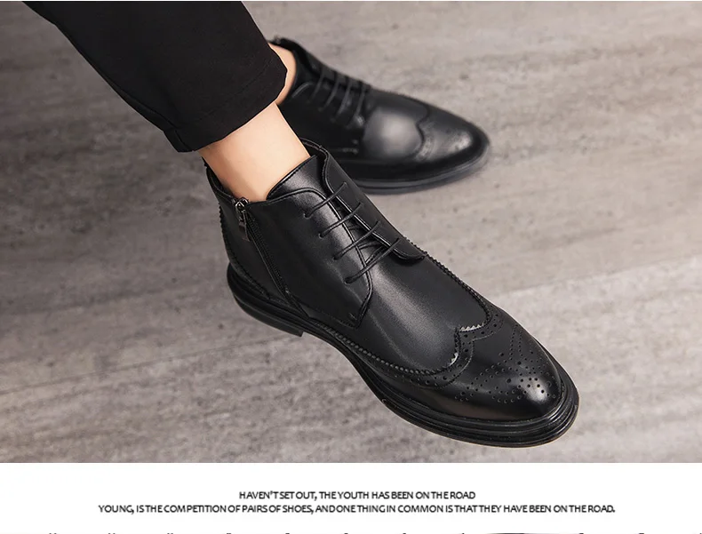 BIMUDUIYU Autumn New Men Leather Ankle Oxford Boots British Style Male Casual Lace Up Derby Shoes Fashion High Top Brogue Shoes