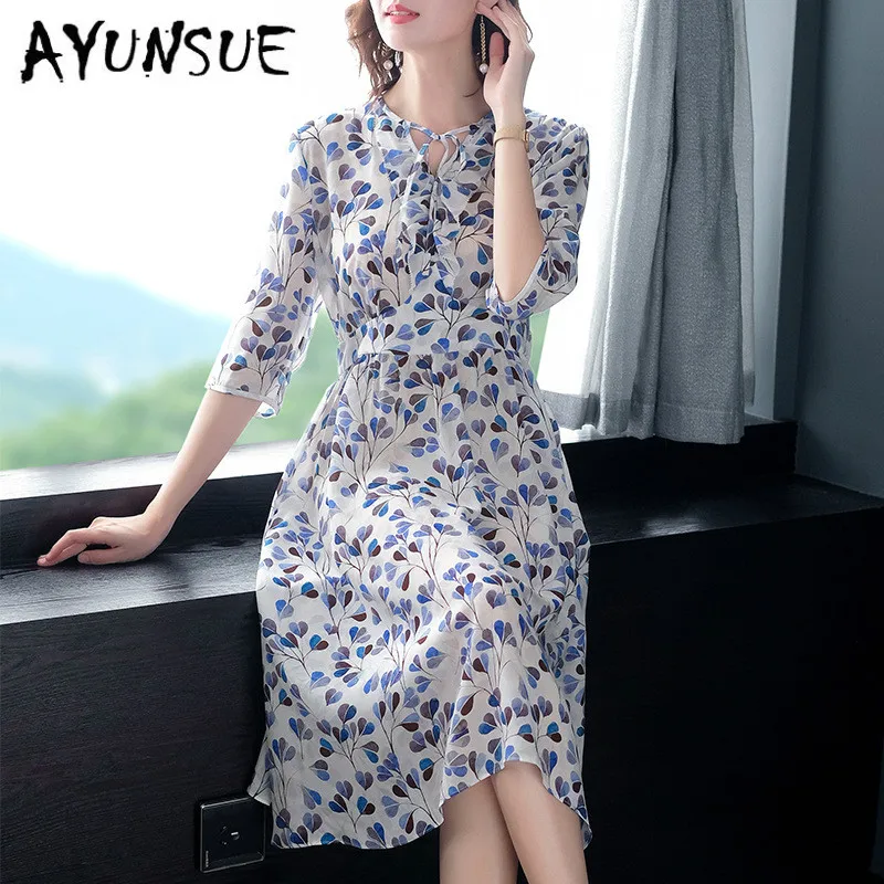 Summer Dress Women Real Silk Dress Women Office Dresses Korean Fashion Midi Dress Elegant Party Dress Vestido Mujer P8231 YY2539