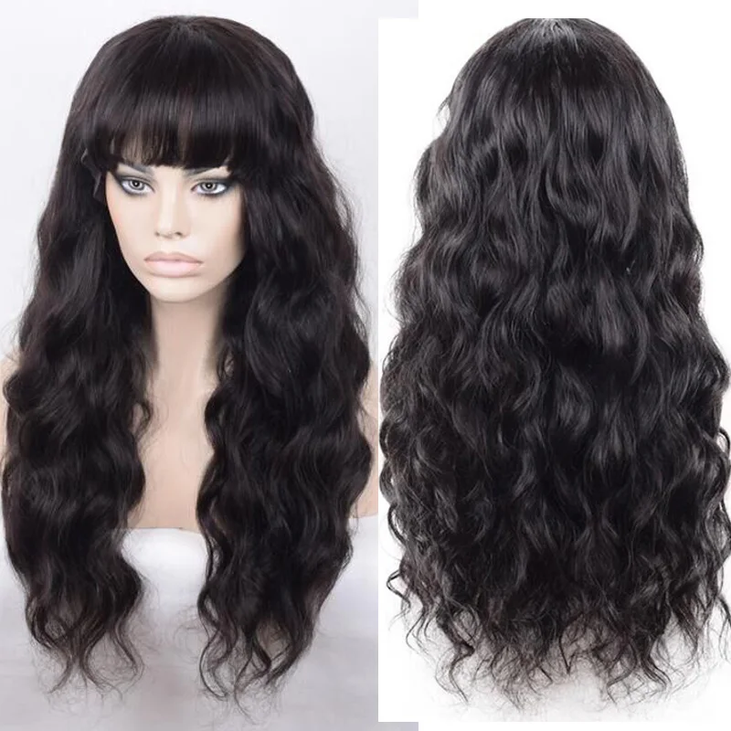 

Malaysian Wavy Human Hair Wig with Bangs Glueless Scalp Top Machine Made Body Wave Wigs 150% Density Natural Color