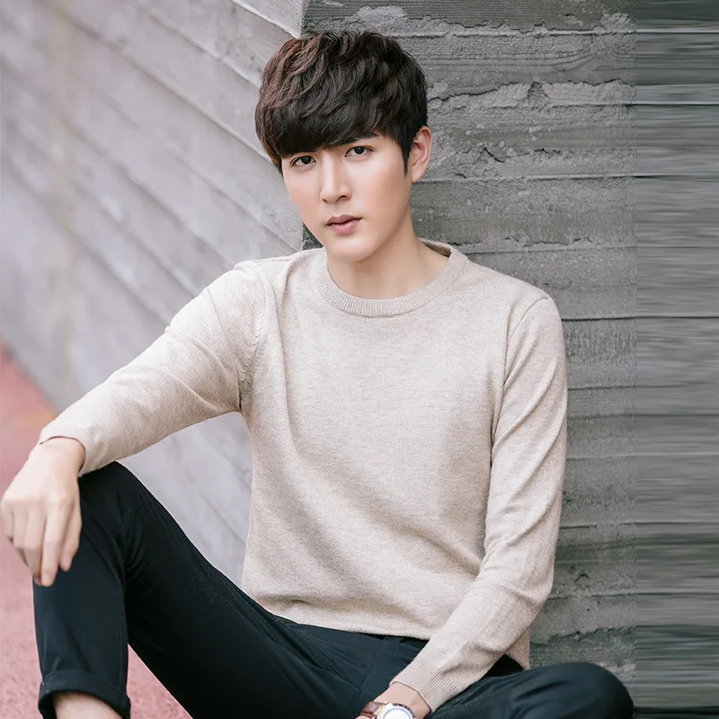 

Autumn Mens Sweaters Korean Casual Boys Khaki Knitted Sweaters Vintage Long Sleeve Tops Fashion Knitwear Pullover Men Plus Size