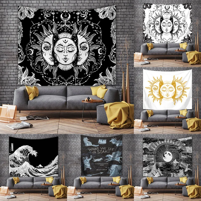 

Hot-selling Simple Black and White Line Landscape Personality Hanging Cloth Boys Black Tapestry Beach Towel Tapestry Home Decor