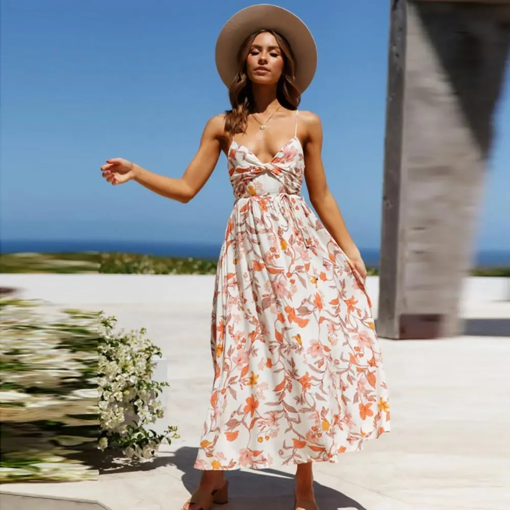 

Sexy V Neck Print Boho Sleeveless Backless Maxi Dress Lady Bohemian Summer Long Dress Women Beach Dresses Vestidos