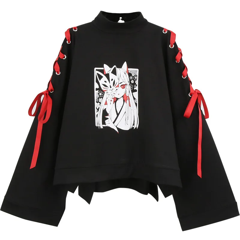 

2021 Summer Women Clothing Anime Fox Printed Cross Ribbon Lolita Girls' T Shirt Harajuku Spring Black Top Skirt haikyuu Tops