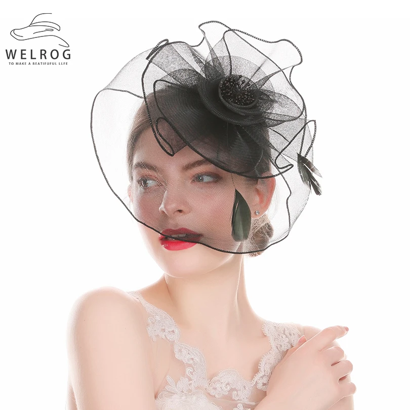 Женская вуалетка с перьями WELROG черная Коктейльная шляпка цветами и вечерние