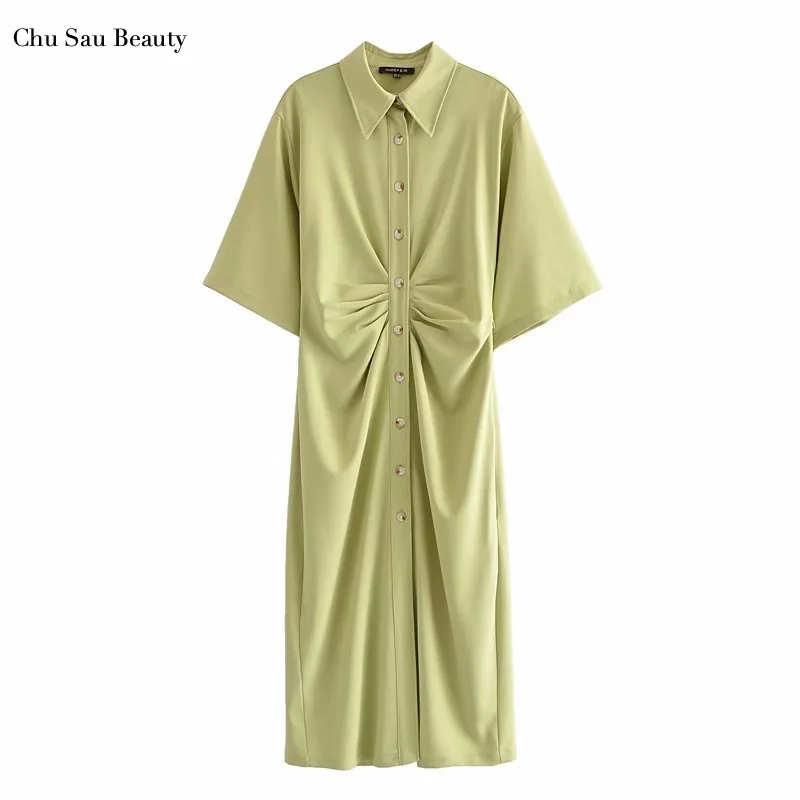

Chu Sau Beauty 2021 Feminine Chic Fashion Button Pleated Shirt Dress Retro Short Sleeve Side Zipper Midi Skirt