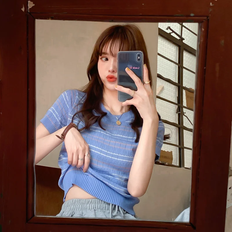 

Summer Korean Style 2021 New Slim Fit Slimming Thin Mixed Color Stripe Cute Youth-Looking Short Sleeve Sweater Women's Top