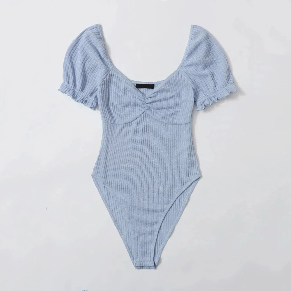 

Bodysuit Women Summer Rib Knitted V-neck Bubble Sleeves Sweet Style 2021 New Blue Tight Elastic Backless High Waist Jumpsuit