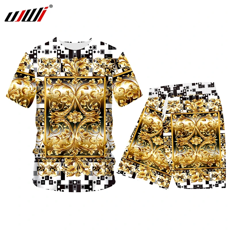 

UJWI Summer 2 Piece Set 3D Paint Flower Royal Baroque Short Sleeve Print Tank Tops Shorts Mens Sets Gym Hoodie Tee Set