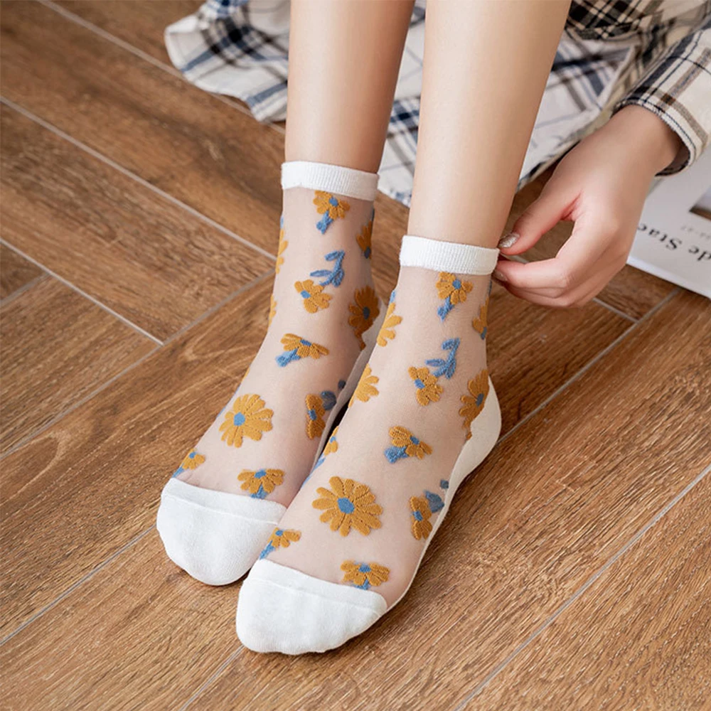 

1 Pair Breathable Ultra Thin Socks Summer Fashion Women Transparent Lace Silk Flower Printed Girls Short Socks