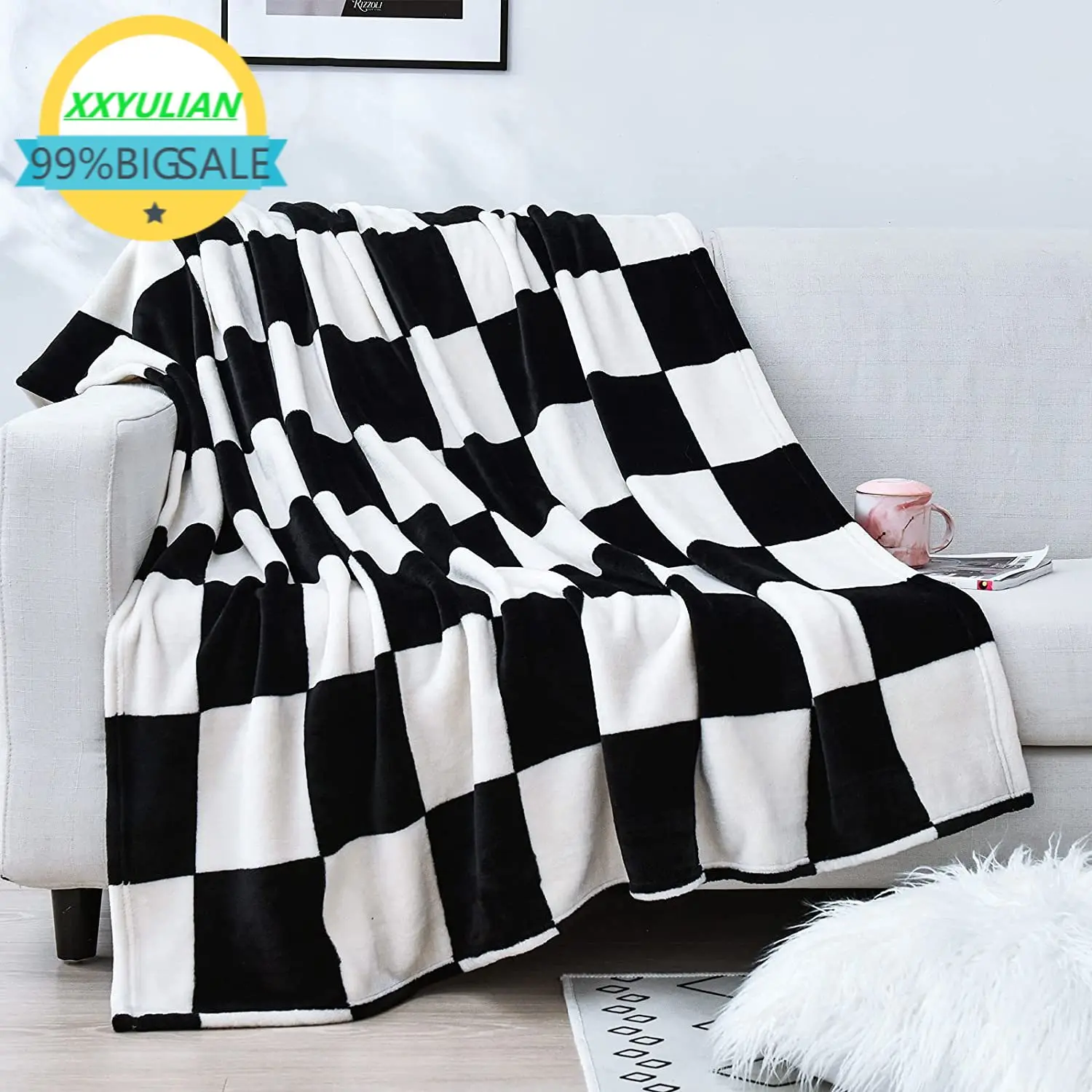 

Large Flannel Fleece Plush Blanket Throw Black and White Checker Lightweight Blanket - Soft Cozy Microfiber Blanket for Chair