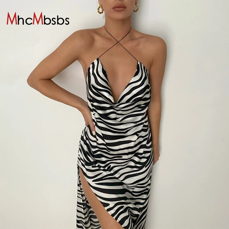 

Y2K Sleeveless Backless Halter Slit Zebra Stripes Print Sexy Maxi Slip Dress Summer 2021 Women Fashion Club Long Outfits