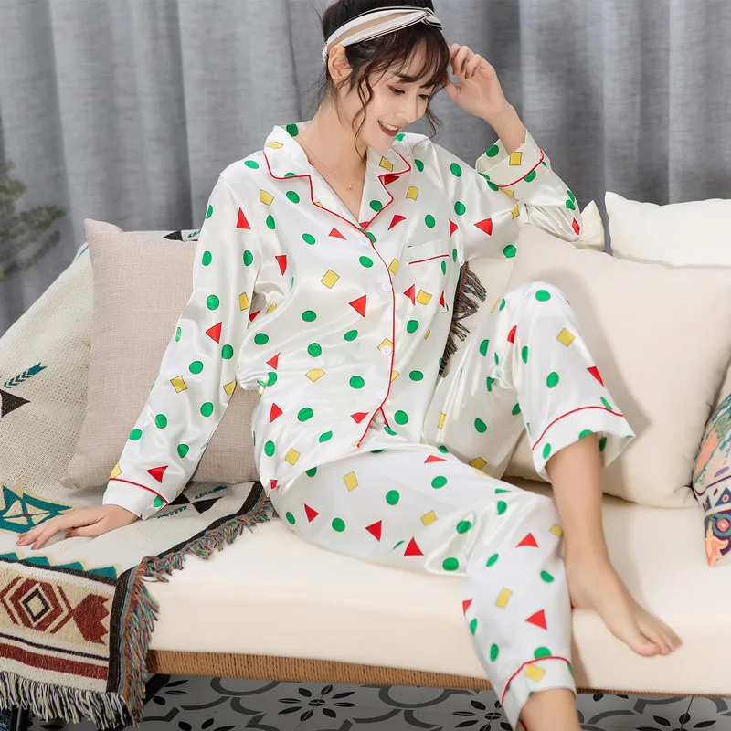

2 Piece Womens Pajamas Set Spring Women Sleepwear Faux Silk Satin Pajamas Set Long Sleeve Sleepwear Pajamas Suit Female Homewear