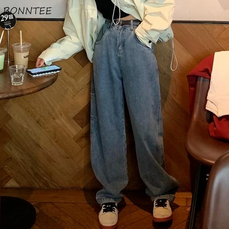 

Jeans Women Full Length Stylish Korean Style Spring Loose High Street Students Retro Female Chic Pockets Simple Hot Sale Design