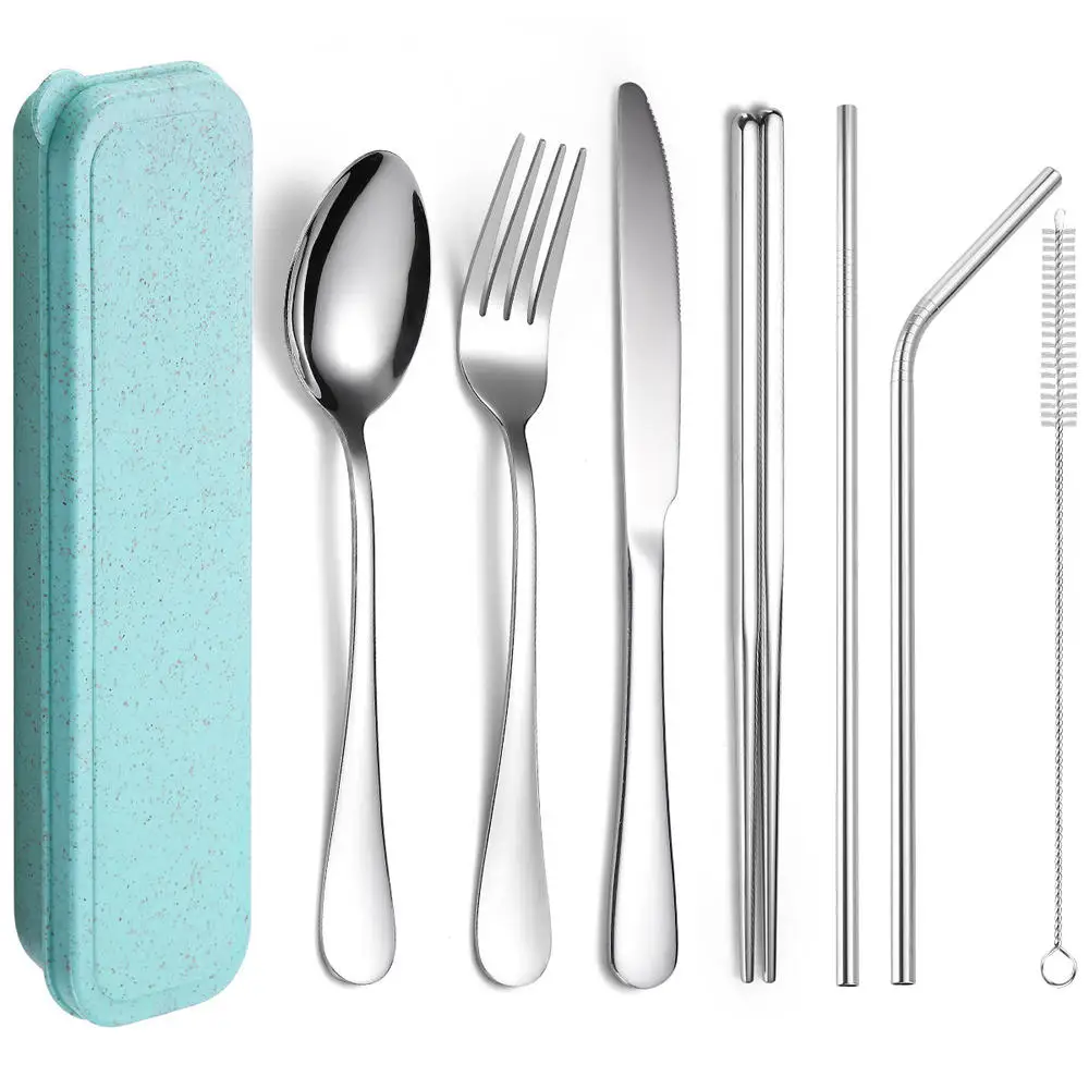 

Hot Tableware 8Pcs/set Stainless Steel Cutlery Straw Dinnerware Set Spoon Fork Chopsticks with Straw Portable Case