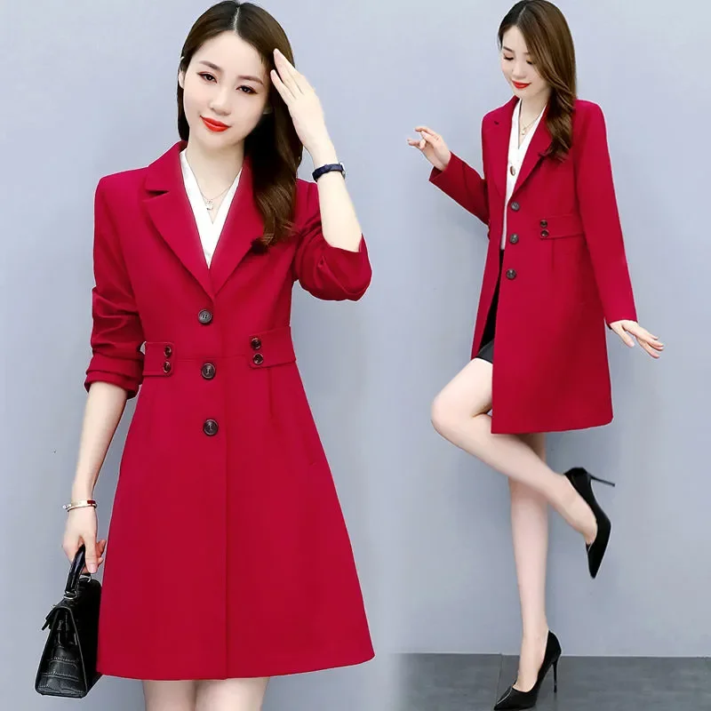 

Women's Windbreaker Jackets Mid-Length Spring Autumn 2022 New Coat Ladies Temperament Jacket Suit Collar Female Overwear Top