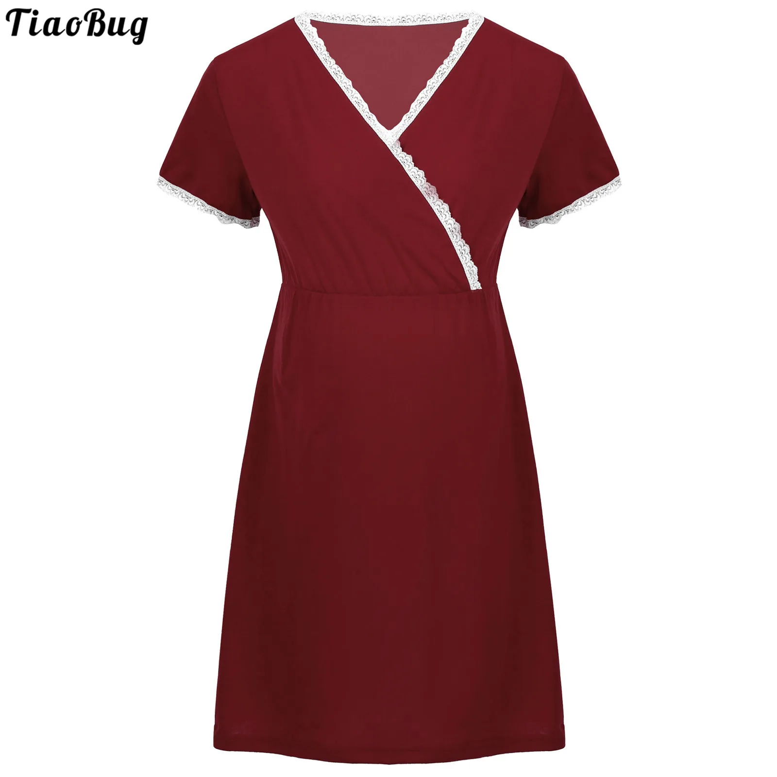 

TiaoBug Summer Casual V Neck Short Sleeve Nursing Dress Lace Trimming Pleated Maternity Nightgown Breastfeeding Nightdress