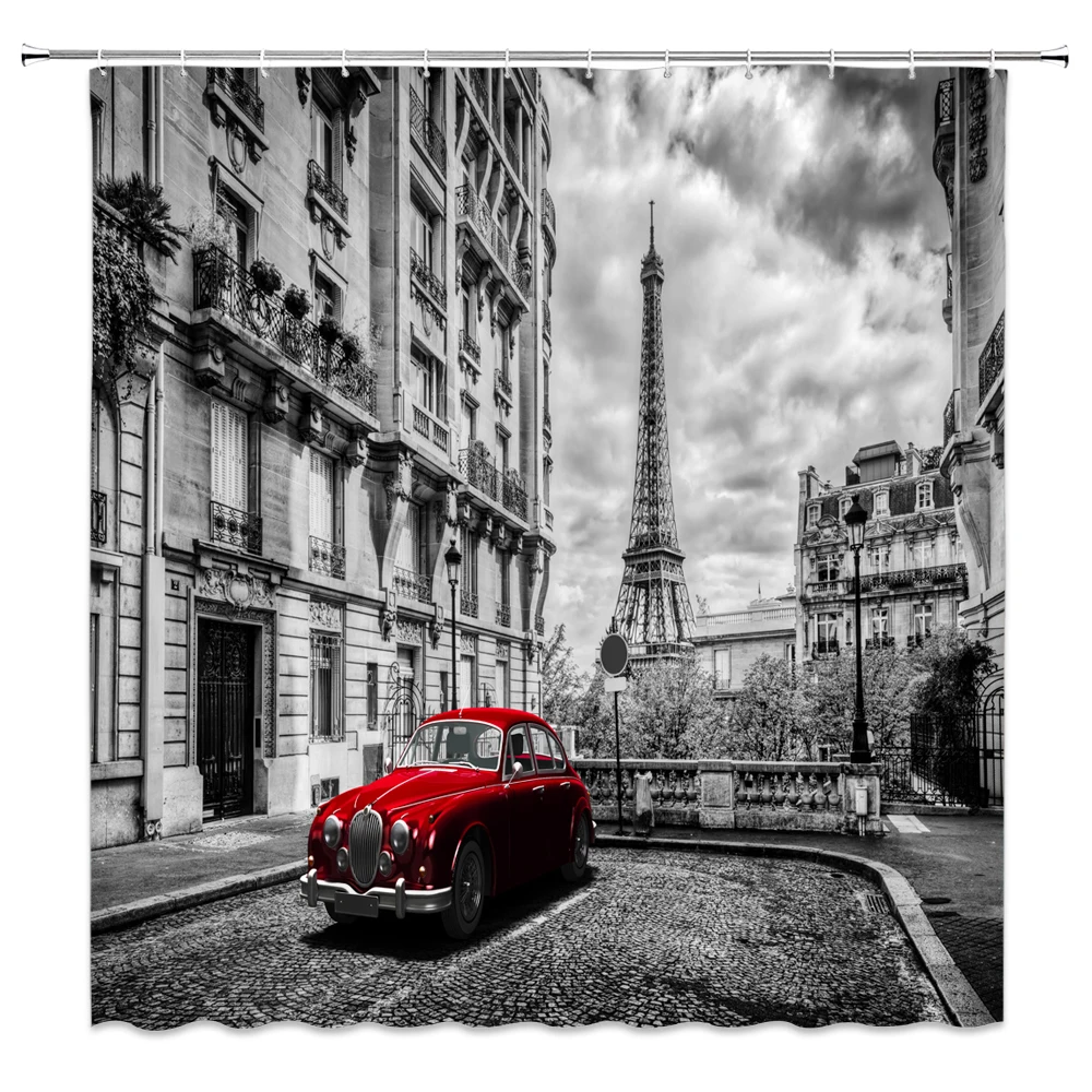 

Paris Eiffel Tower Red Car Shower Curtains Valentine's Day Couples Bathroom Decor Accessories Durable Waterproof Cloth Curtain