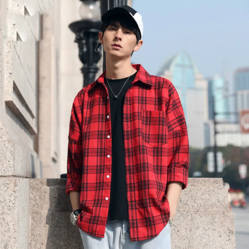 

Plaid Shirt Men's long sleeve Japanese ins Hong Kong Style loose Korean shirt fashion coat
