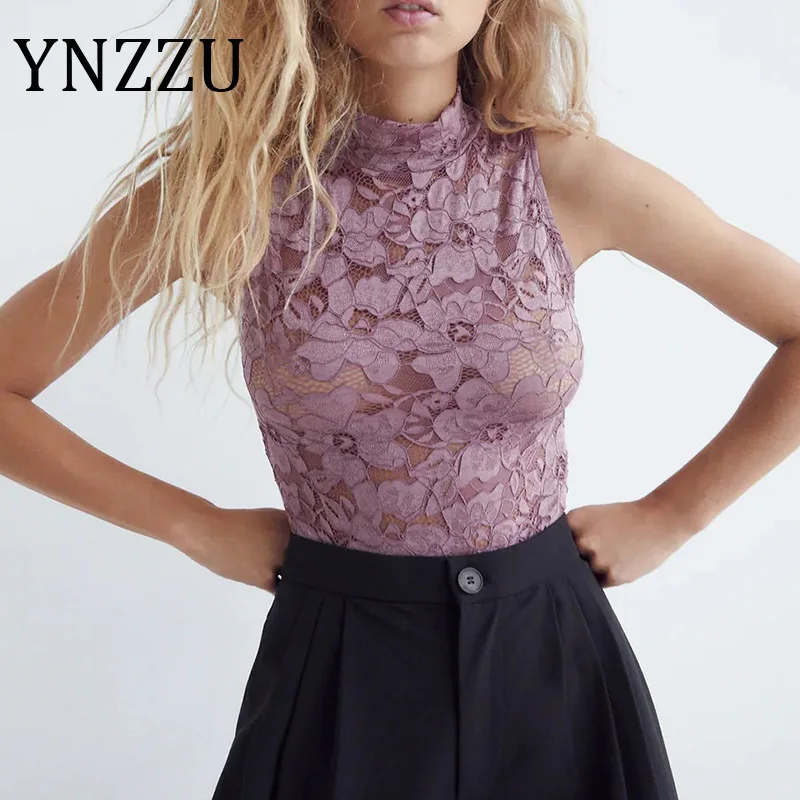 Женский кружевной комбинезон YNZZU черный и розовый Облегающий с высоким