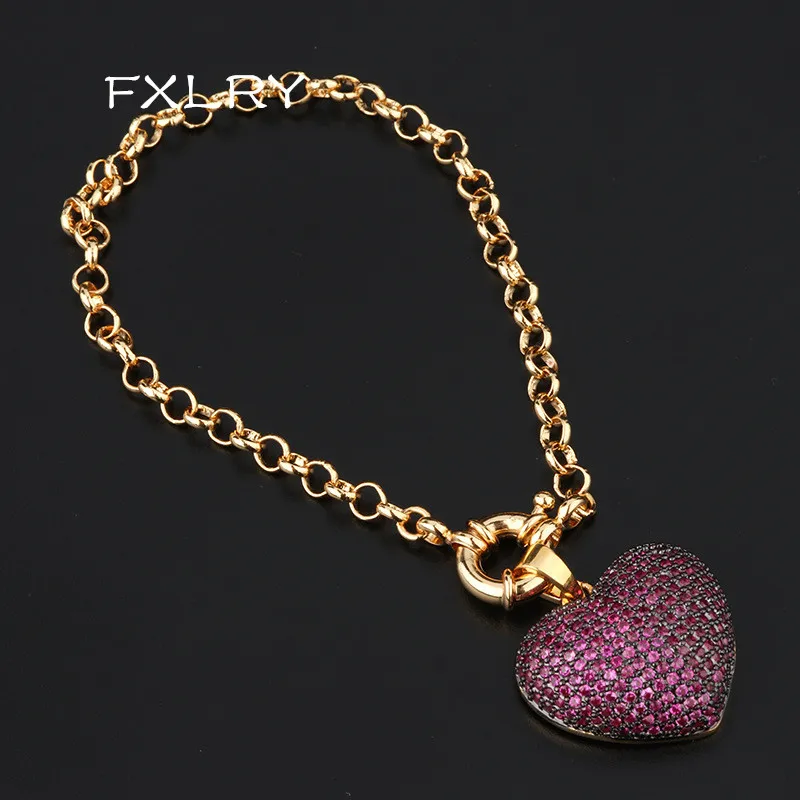 

FXLRY Luxury colorful Cubic Zirconia big Heart Pendants Charm Bracelets gold Color Plated Women Jewellery
