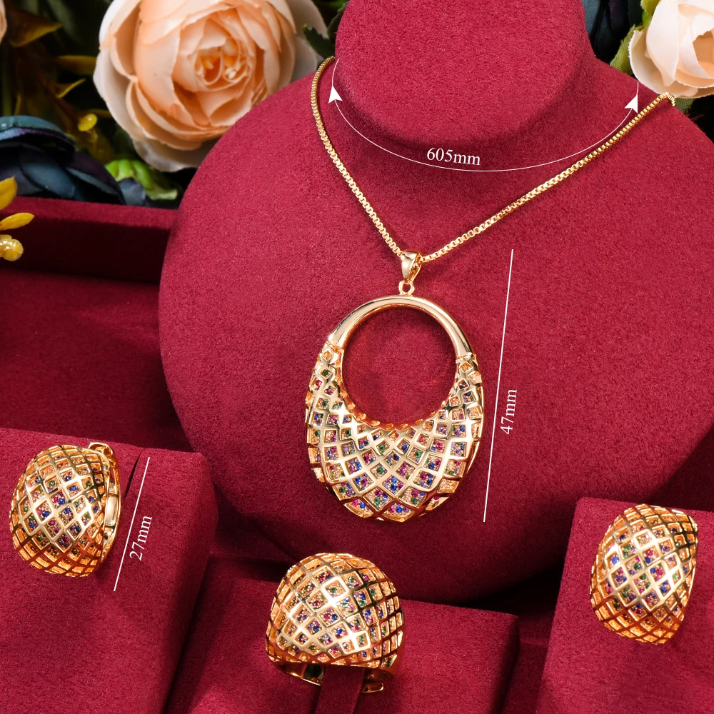 

High Quality Luxury Women Wedding Vintage golden Hollow mesh Pendant Earrings Necklace Ring Jewelry Set New Design Shiny Gift