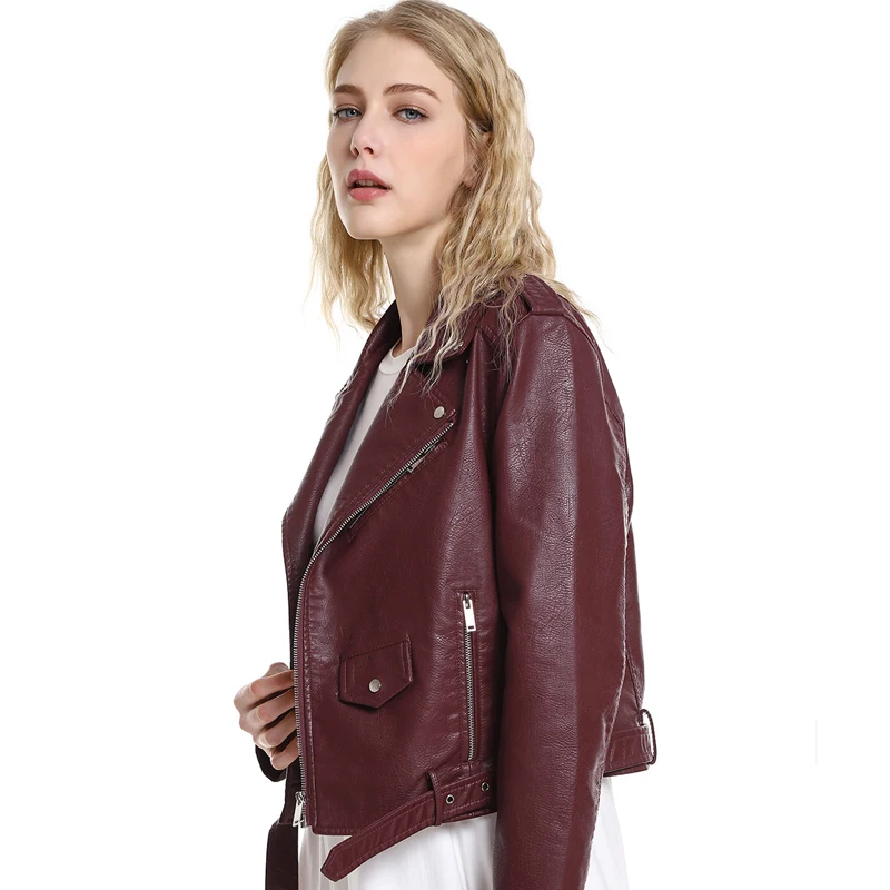 Женская короткая байкерская куртка FTLZZ черная красная уличная из искусственной