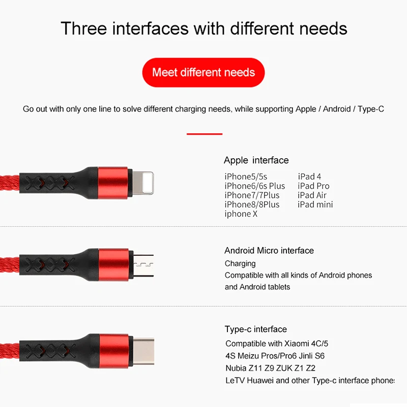 3 в 1 USB кабель для мобильного телефона 3A Micro usb type C зарядного устройства huawei IPhone 11 Pro