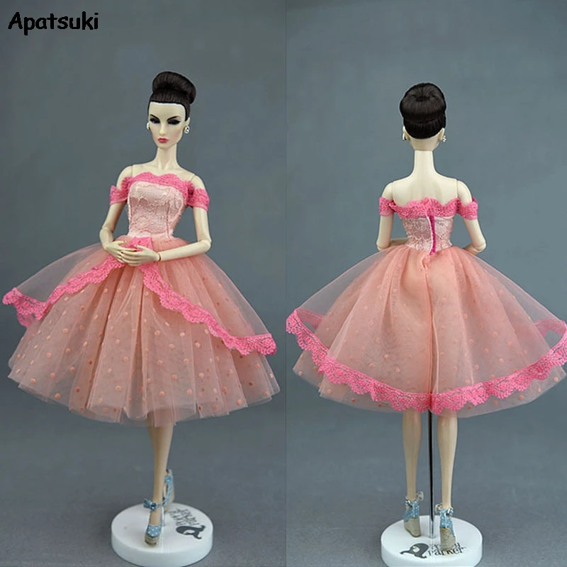 Розовое Кружевное короткое платье пачка ручной работы для куклы Барби наряды