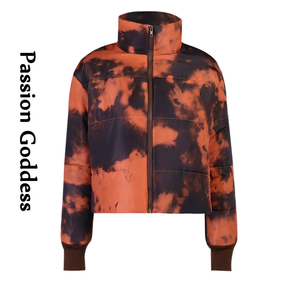 

Streetwear Women Tie-dye Print Puffer Jackets Loose Warm Bubble Coat Parka Down Outwear Zipper Stand Collar Jacket Autumn Winter