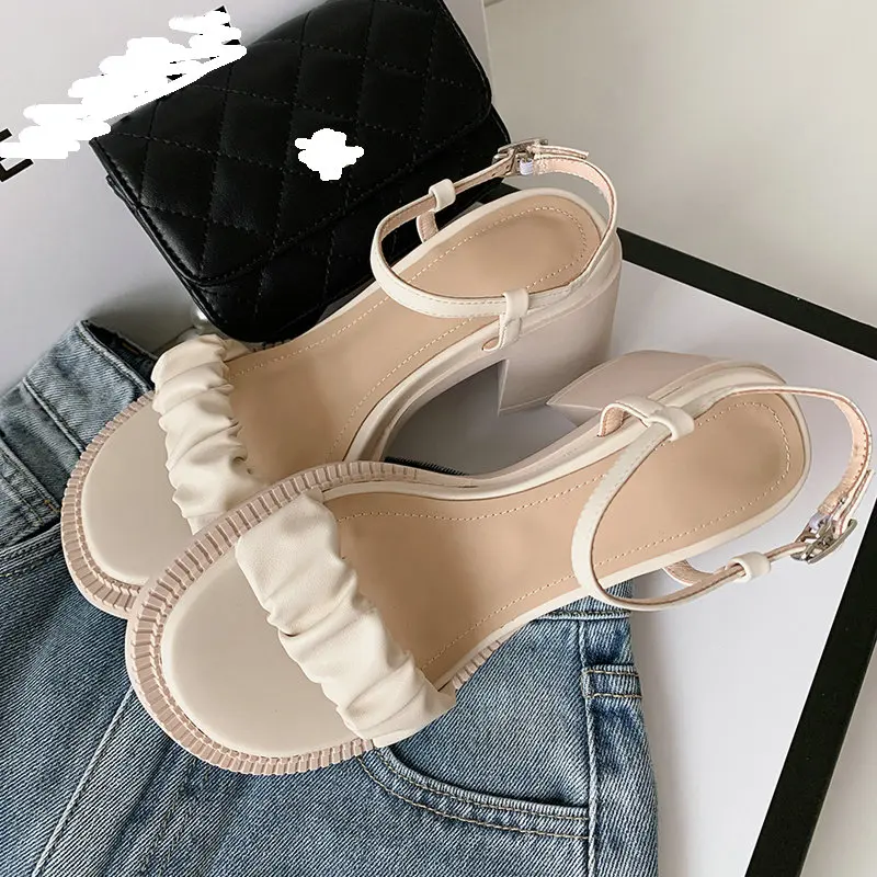 

Punk Retro Women Sandals pleated Decoration Buckles Women high heels Shoes 2021 Summer Genuine Leather Shoes Woman
