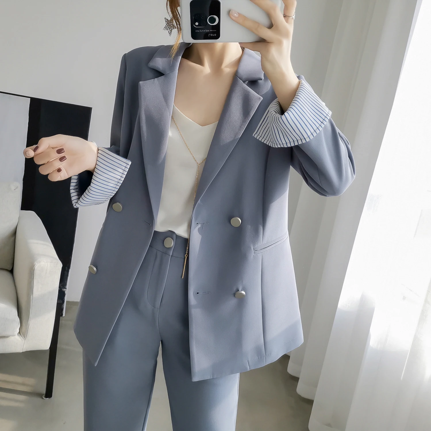 Осенние женские костюм синий блейзер в уличном стиле с эластичной резинкой на