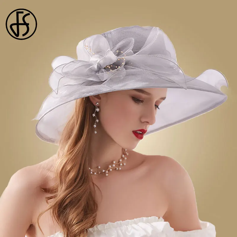 

FS Pink Fedoras Hat Women Beige White Kentucky Derby Wide Brim Wedding Church Organza Party Hat Flower Flat Top Hats