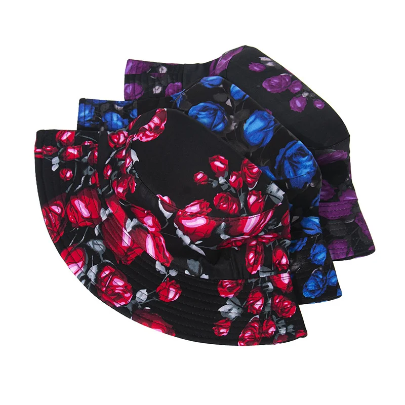 

2021 cotton Rose flower Print Bucket Hat Fisherman Hat Outdoor Travel Hat Sun Cap Hats for Men and Women 394