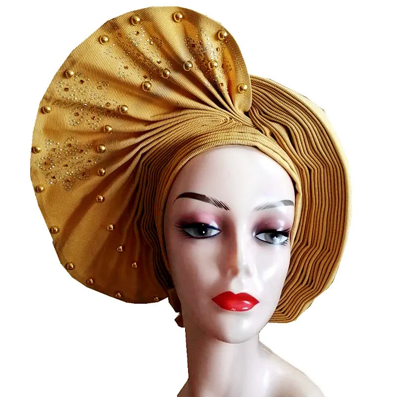 

Nigerian Headtie Already Made Auto Gele Gold Headtie African Turban Cap With Beads And Stones