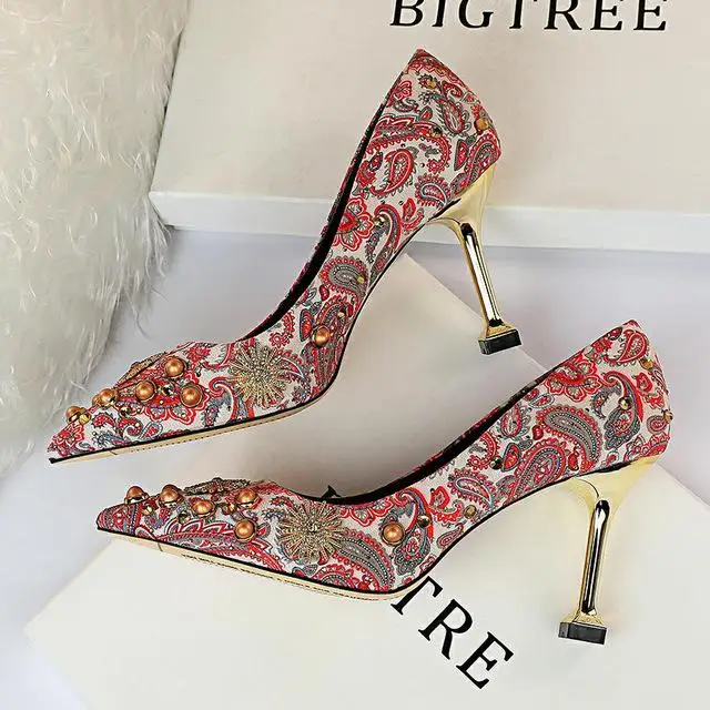 BIGTREE/ брендовые винтажные женские туфли-лодочки модные женские туфли на высоком каблуке с цветочным принтом весенне-летняя заклепка с хрусталиком вечерние туфли - Цвет: red