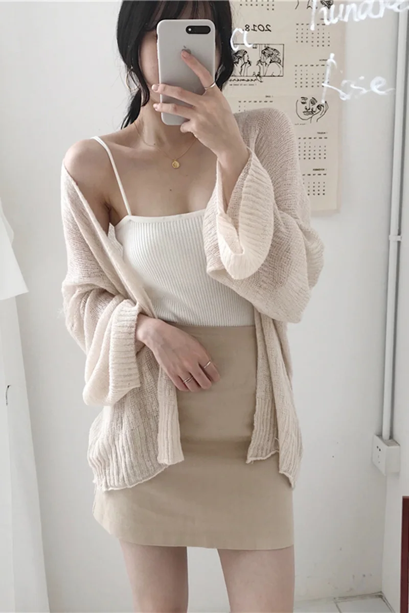 

2 Piece Set Women Korean Style Long Cardigan Long-sleeved Sunscreen Shirt + Slim Slimming Camisole Two-piece Women