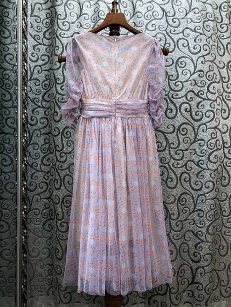 

Fashion New Korean Style Dress 2021 Summer Women V-Neck Cute Cartoon Flower Print Beading Deco Half Sleeve Mid-Calf Dress Tunic