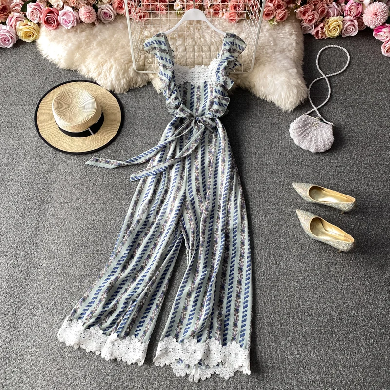 

Summer Women Sweet Printed Waistband Ruffles Lace Hem Sling Jumpsuits Ladies Retro Rompers Loose Leg Short Overalls Playsuits