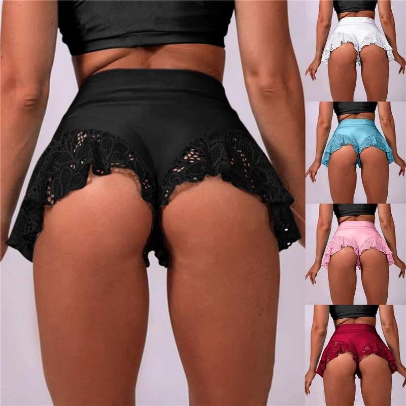 

Women Sexy Black Summer Shorts Lace Patchwork High Waist Solid Color Ladies Sexy Ruffle Elastic Shorts