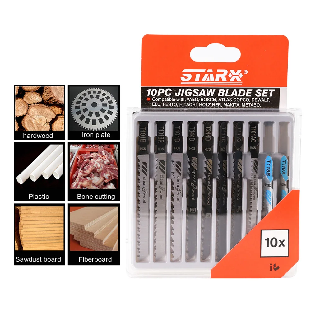 

10Pcs/Set Assorted HCS Woodworking Jig Saw Blades Cutter Set For Metal Wood Cutting