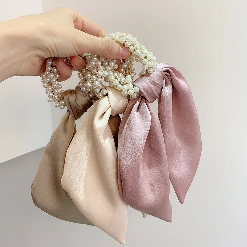 

Pure Color Ribbon Rubber Band Sweet Pearl Hair Ring Women Elegant Hairband Bowknot Headdress Elastic Hair Accessories