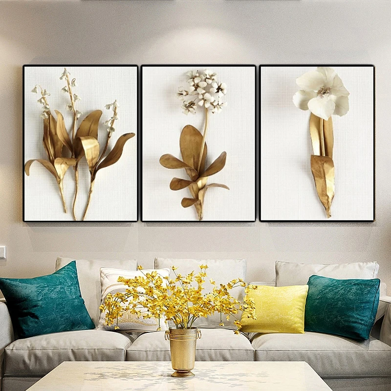 

3 Pieces Nordic Scandinavia Artistical Golden Flowers Leaves 3d Wall Decor Cuadros Canvas Poster for Living Room ArtWork