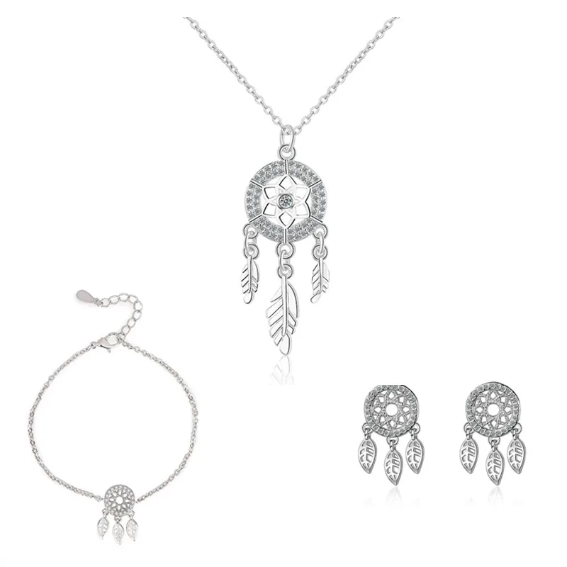 

925 Sterling Silver Tassel Dreamcatcher Feather Charm Necklace Earrings Rings Bracelet For Women Girls Jewelry Set eh1140