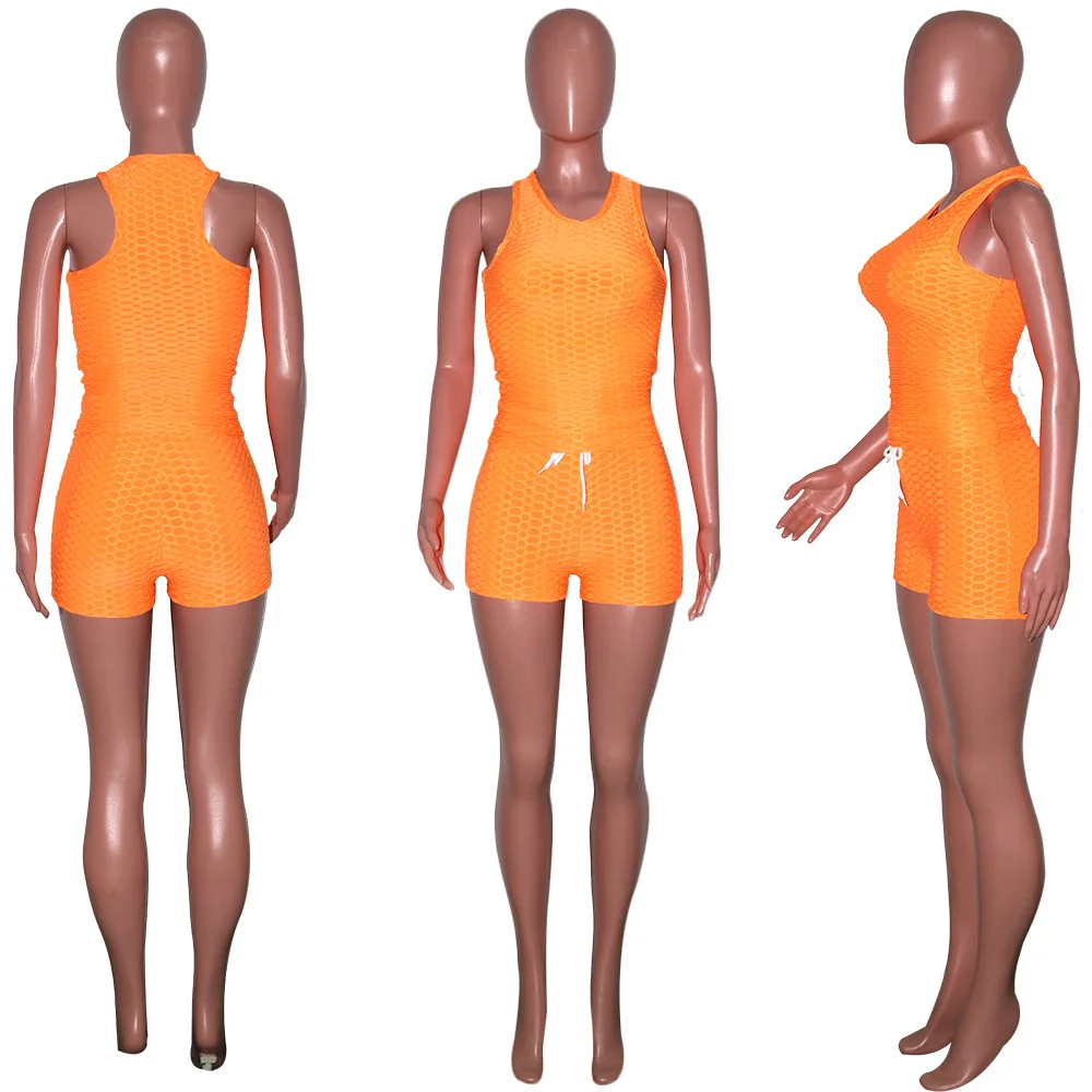 

New Women Tracksuit Summer round Neck Solid Color Sleeveless Bubble Yoga Shorts Sports Suit for Women