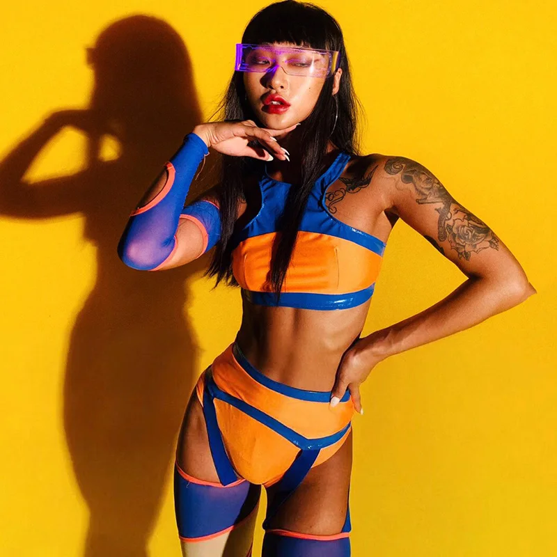 

New Festival Outfit Stage Costume Nightclub Bar Women Rave Clothes Fashion Stitching Color Bikini Dj Ds Pole Dance Wear
