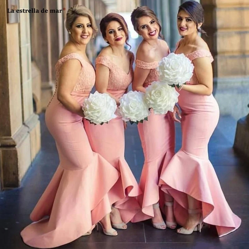 

robe demoiselle d honneur femme new lace satin OFF shoulder pink sexy mermaid height bridesmaid dress long wedding guest Gowns