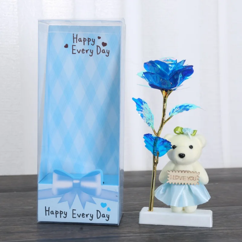 24K Gold Фольга роза цветок с длинным стеблем украшением в виде медведя