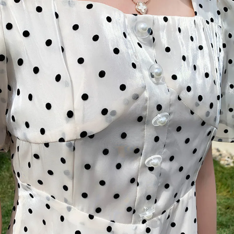 

Summer 2021 New Vintage Pearl Dot Print Long Dress French Square Collar Temperament Waist Short Sleeve Chiffon Dresses Sundress
