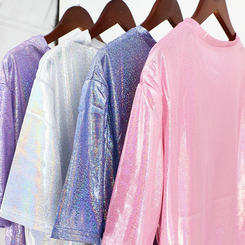 

Summer Women T Shirt Sparkly Shiny Reflective Metallic Loose Tshirt Fashion O-Neck Short Sleeve Tops Woman Tees Harajuku Top Tee